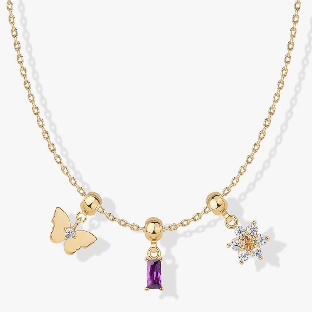 NEW 14k Gold Plated Three Charms Pendant Necklace